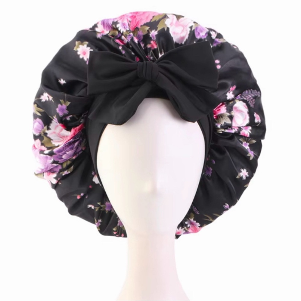 Floral Satin Hair Bonnet with Bow